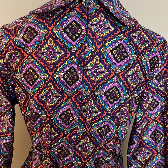 🦩Vintage purple navy yellow blue orange white teal patterned dress w/collar - Picture 7 of 12